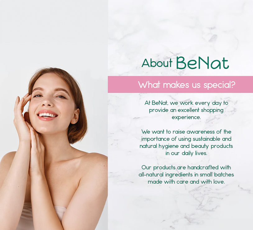Woman touching her face with a text overlay about BeNat's values and product philosophy.