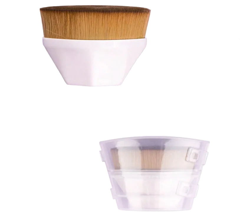 Two cosmetic brushes with wooden bristles and white handles on a light gray background