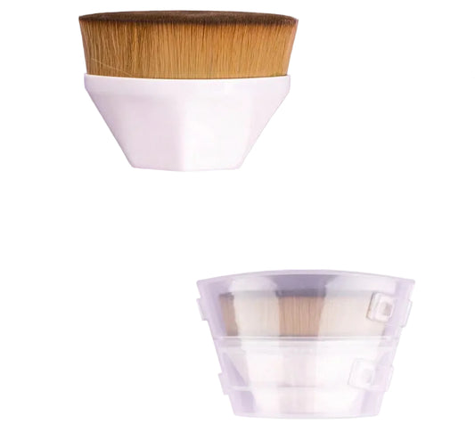 Two cosmetic brushes with wooden bristles and white handles on a light gray background