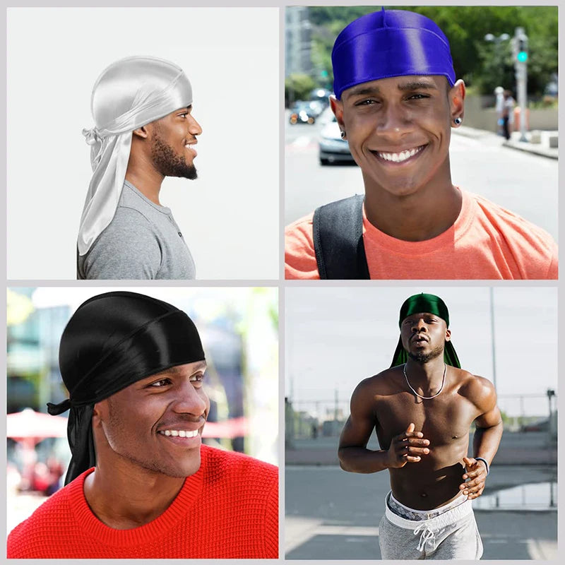 Four men wearing different colored durags in various settings. durag, satin durag, silky durag, men durag, wave cap, pirate durag, long tail durag, unisex durag, bonnet set, satin bonnet, headwrap, turban cap, wig cap, hair care, sleep cap, compression cap, wave brush style, streetwear accessory, black durag, luxury headwear
