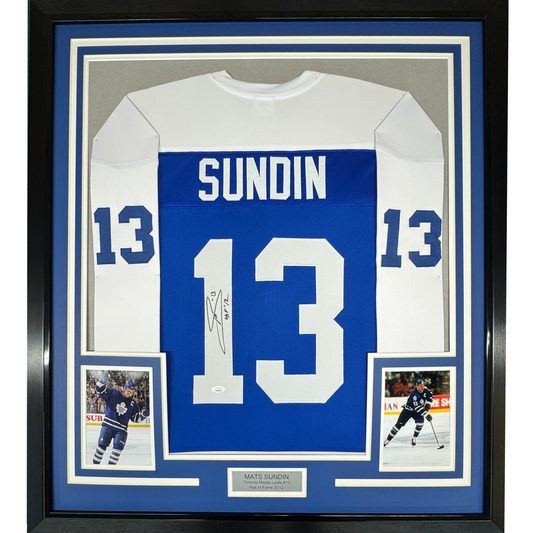 Framed Autographed/Signed Mats Sundin 35x39 HOF 12 Toronto Blue Hockey Jersey JSA COA