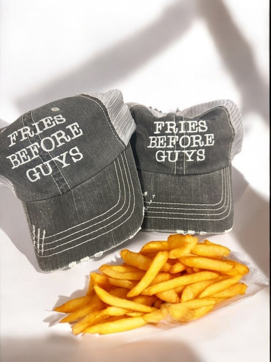 Two denim hats with 'FRIES BEFORE GUYS' text and a plate of fries on a white background. Fries Before Guys Embroidered Mesh Trucker Hat for Women – Funny Adjustable Cotton Snapback Baseball Cap
