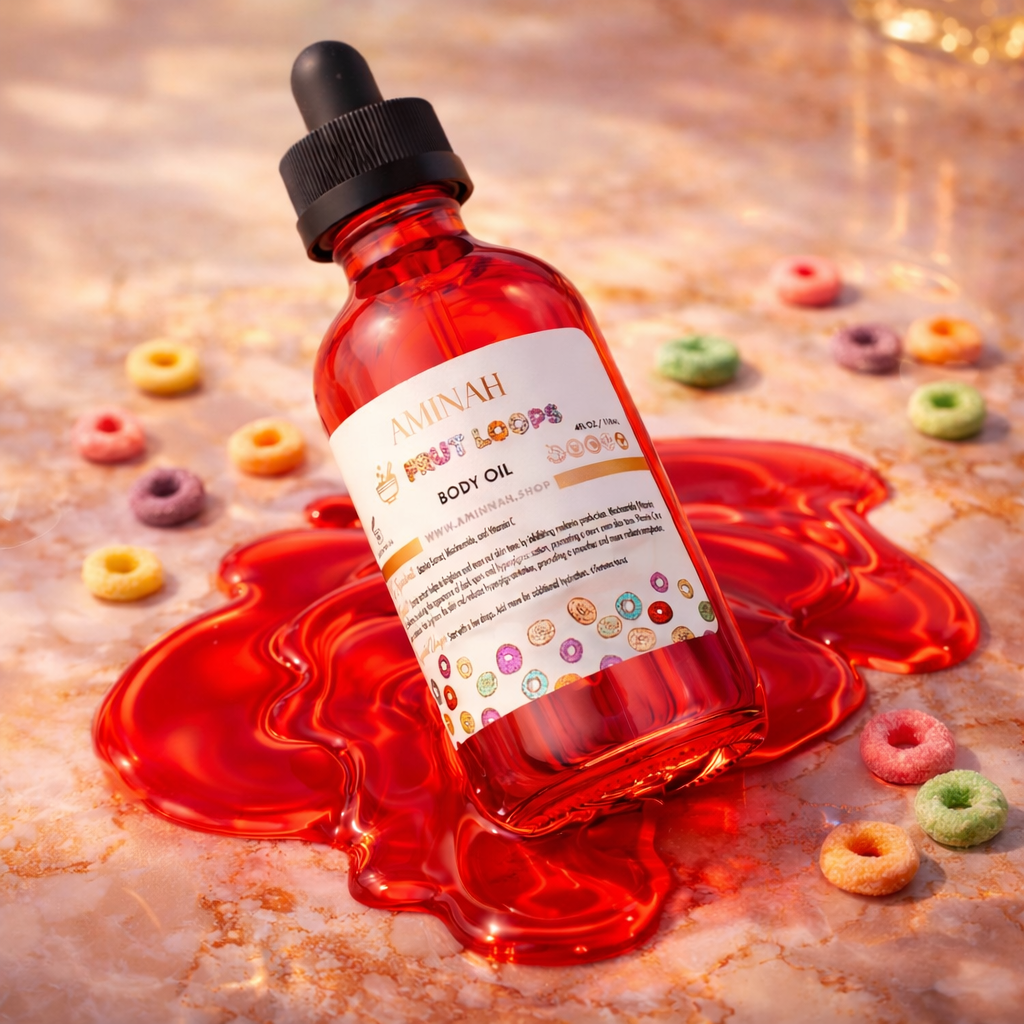 Bottle of Aminah Body Oil with colorful circular objects on a textured surface
