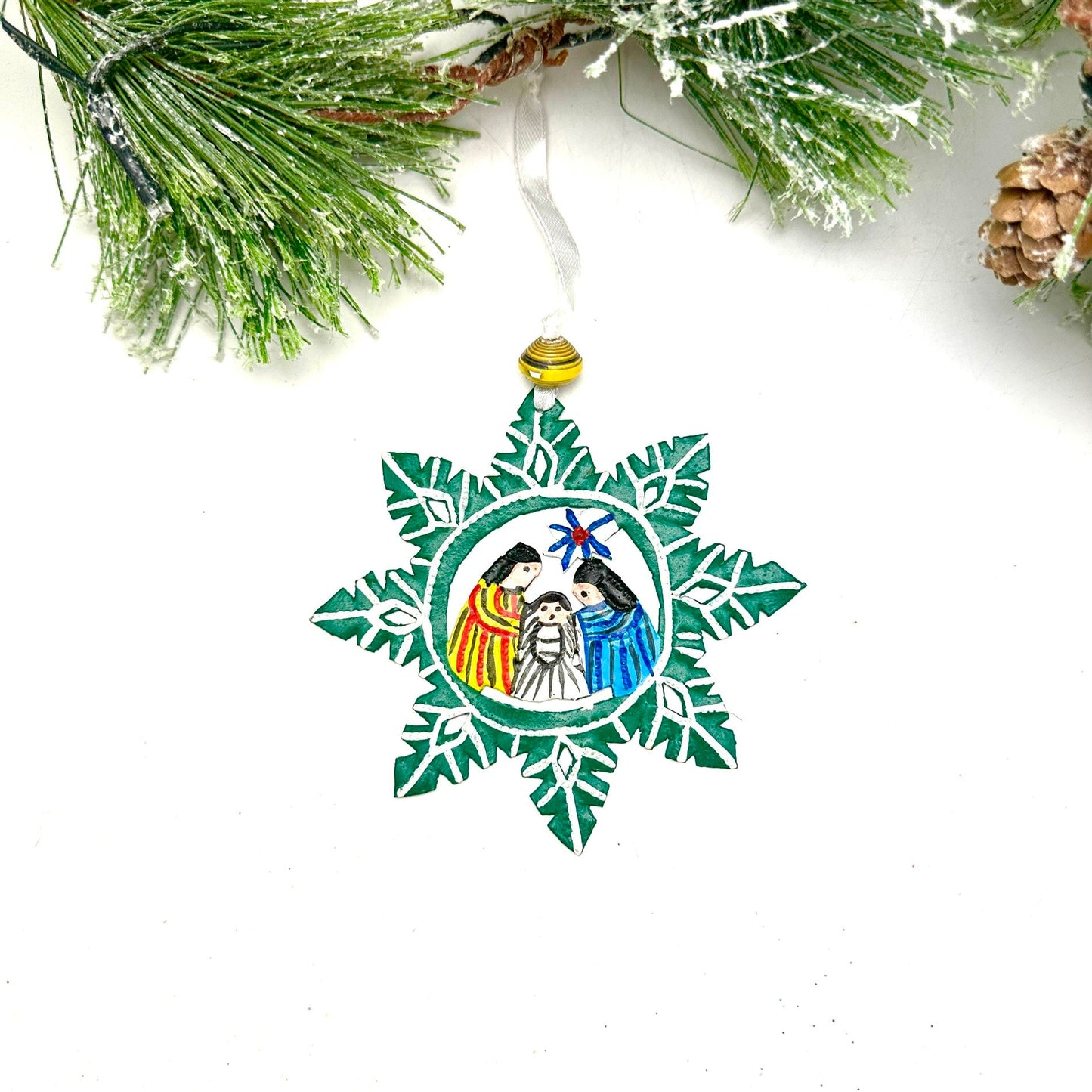 Snowflake Nativity Ornament- Green/White