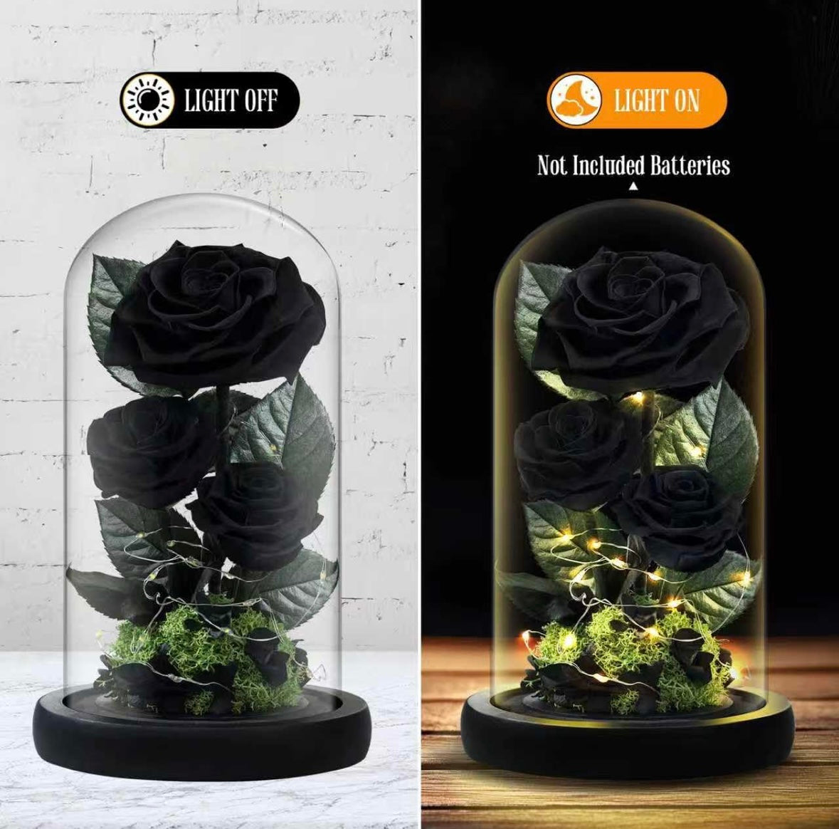 100% Real Preserved Flowers in Glass Dome with LED, Red Roses for Delivery