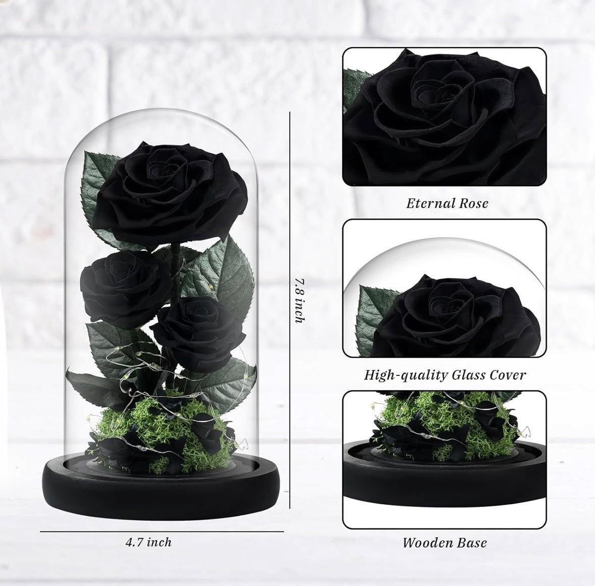 100% Real Preserved Flowers in Glass Dome with LED, Red Roses for Delivery