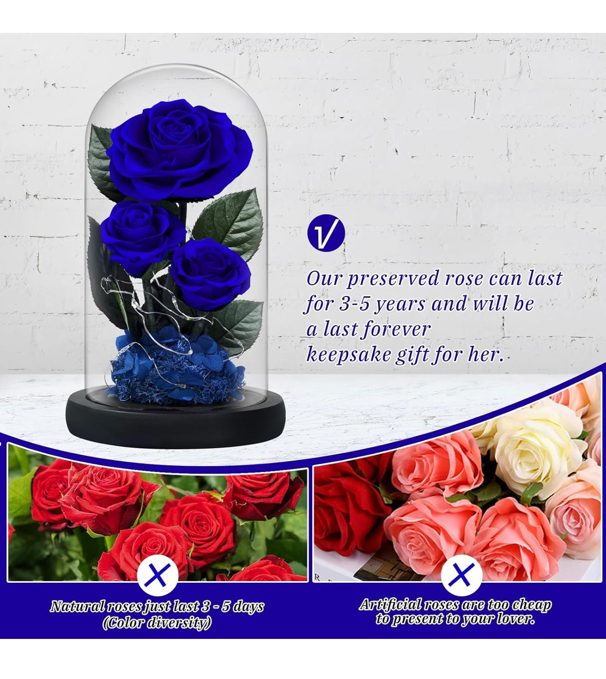 100% Real Preserved Flowers in Glass Dome with LED, Red Roses for Delivery