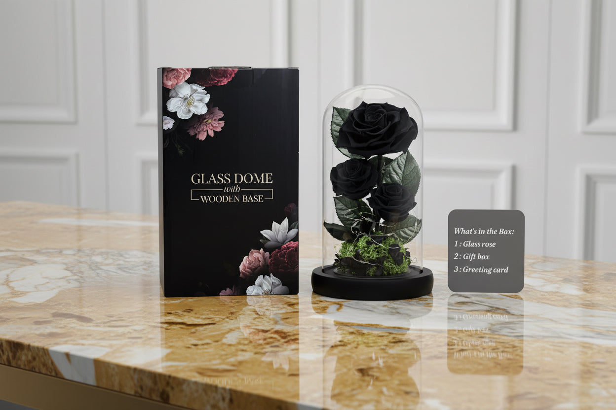 100% Real Preserved Flowers in Glass Dome with LED, Red Roses for Delivery