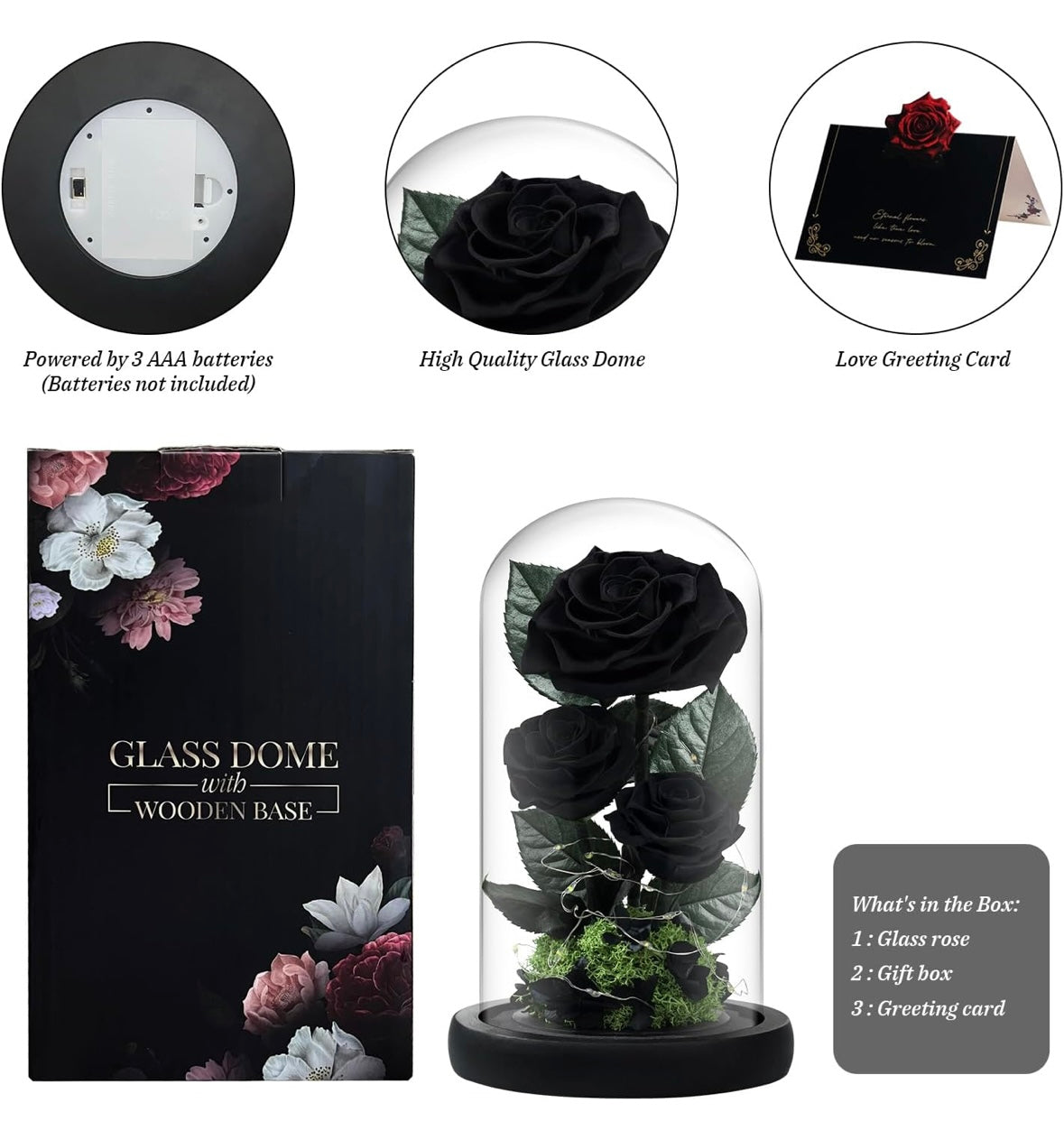 100% Real Preserved Flowers in Glass Dome with LED, Red Roses for Delivery