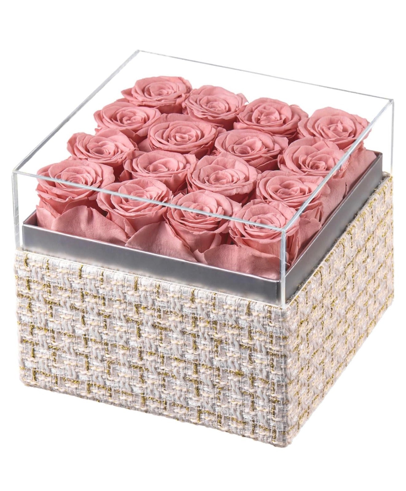 “Chic Thrills” 16 Count Preserved Rose Box, Eternal Pink / Red Forever Flowers Roses in Acrylic Box