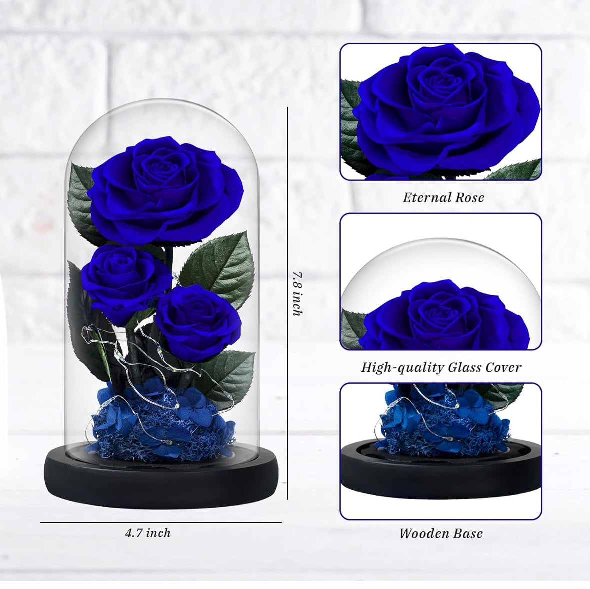 100% Real Preserved Flowers in Glass Dome with LED, Red Roses for Delivery