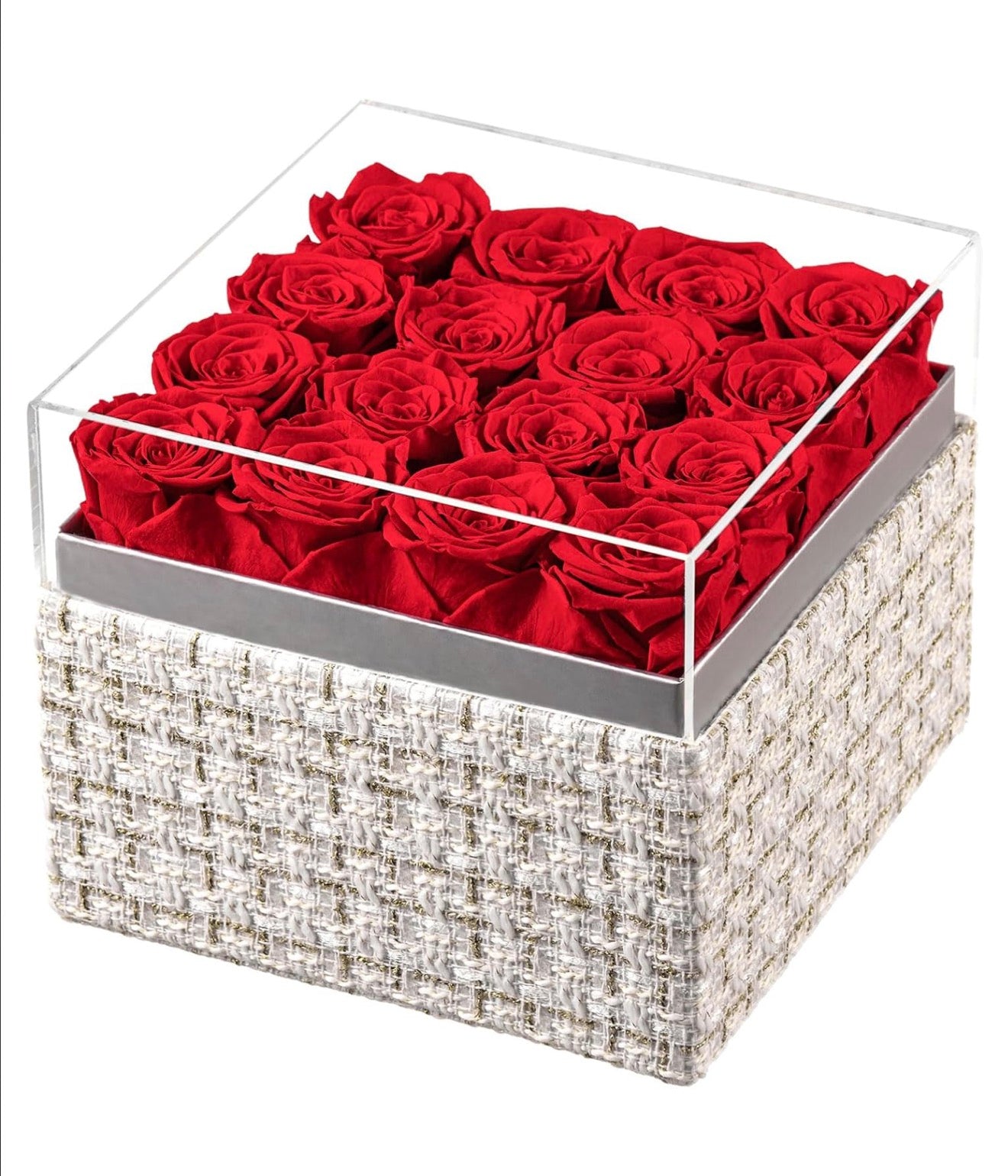 “Chic Thrills” 16 Count Preserved Rose Box, Eternal Pink / Red Forever Flowers Roses in Acrylic Box