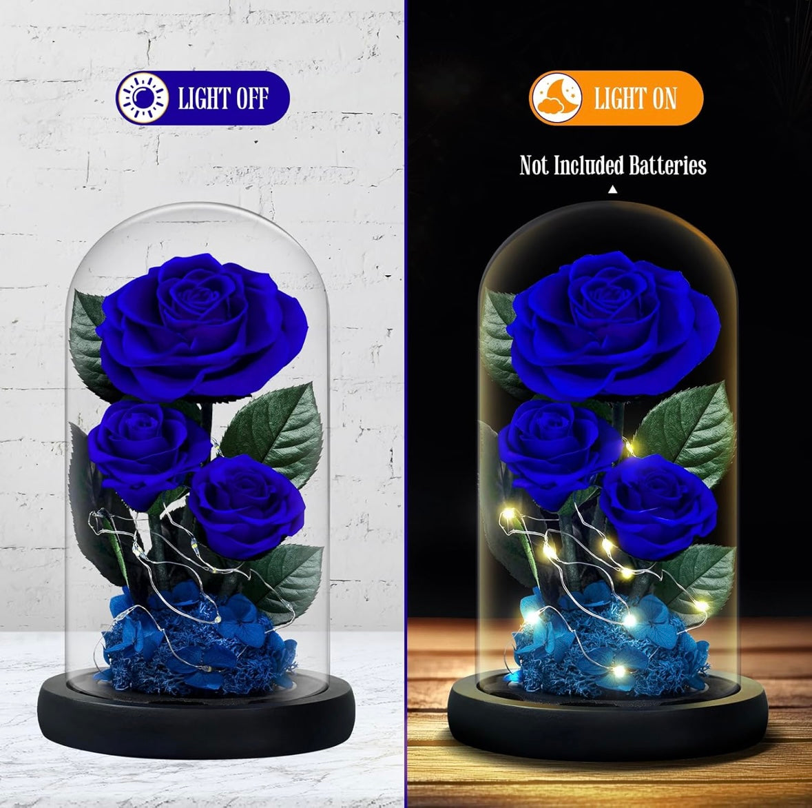 100% Real Preserved Flowers in Glass Dome with LED, Red Roses for Delivery