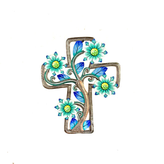 Steel Floral Cross- Painted