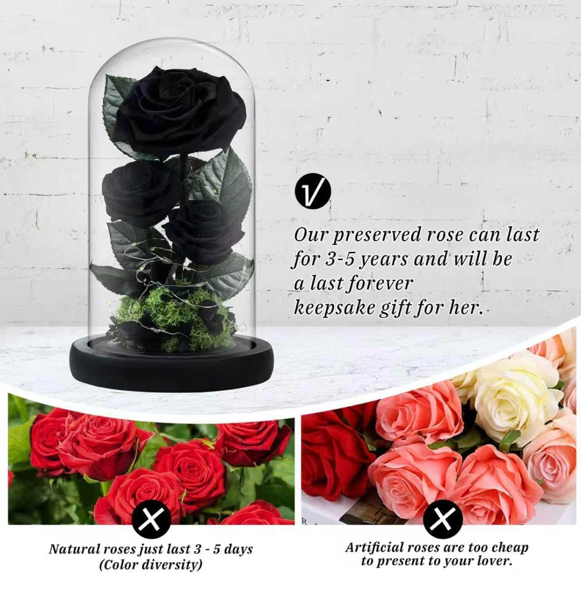 100% Real Preserved Flowers in Glass Dome with LED, Red Roses for Delivery