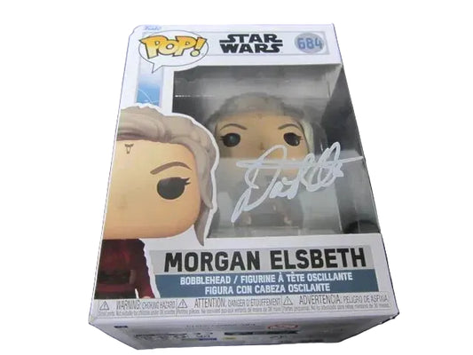 Funko Pop! Star Wars figure in packaging with 'Morgan Elsbeth' signature. Celebrate a rare piece of Star Wars history with the Diana Lee STARWARS Morgan Elsbeth Signed Funko #684 Pop w COA 135878. This exclusive collectible features a meticulously crafted Funko Pop of Morgan Elsbeth, captured in her iconic appearance, making it a must-have for dedicated fans and collectors alike.