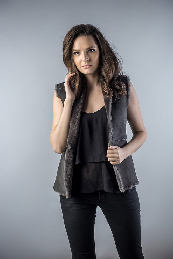 Gray Reversible Natural Nappa Sheepskin Fur Vest-2