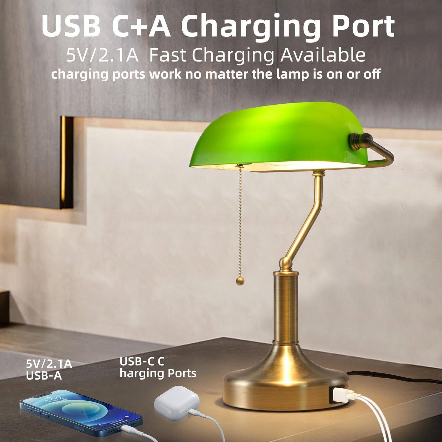 Traditional Bankers Desk Lamp Table Light with Green Glass Shade and USB Ports-3