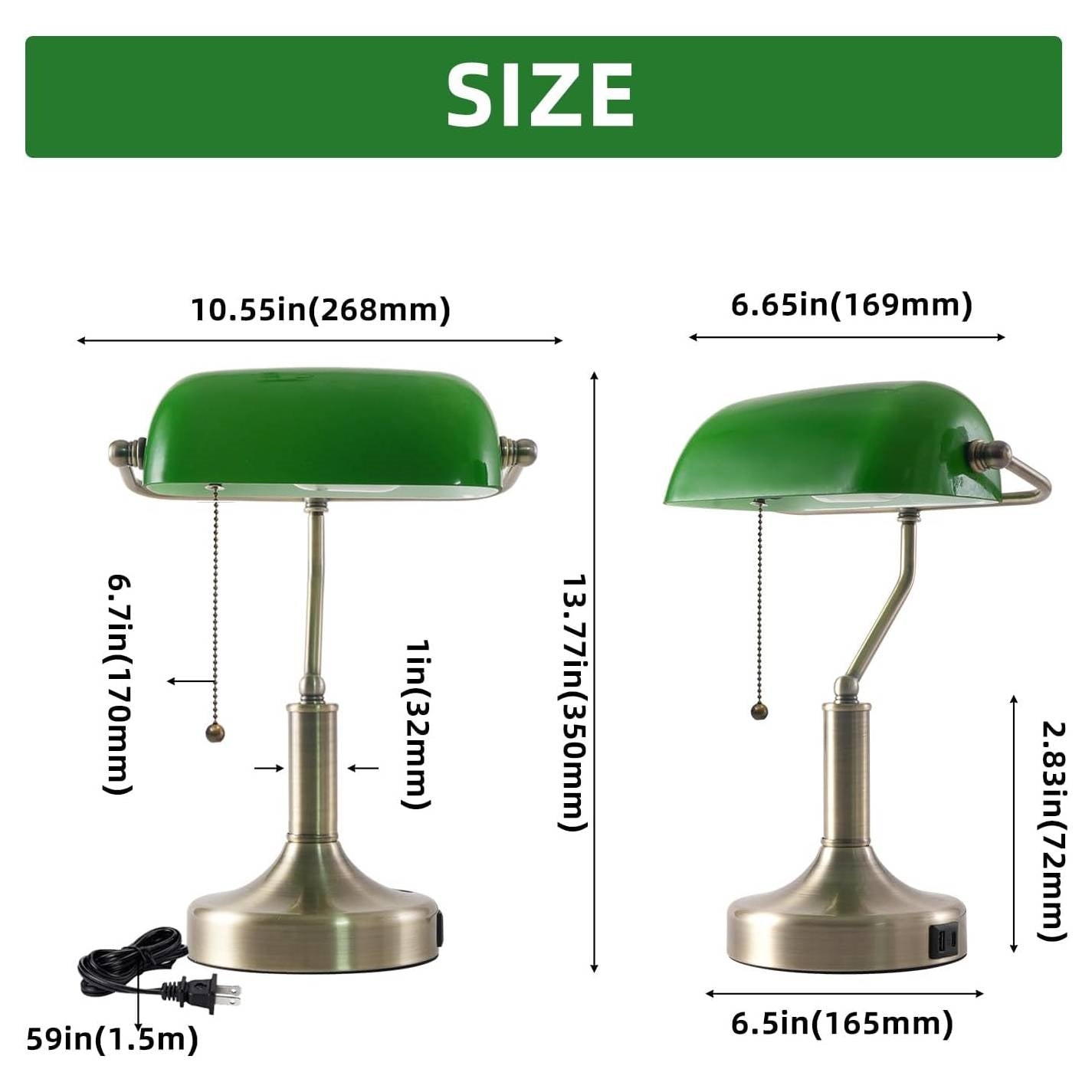 Traditional Bankers Desk Lamp Table Light with Green Glass Shade and USB Ports-4