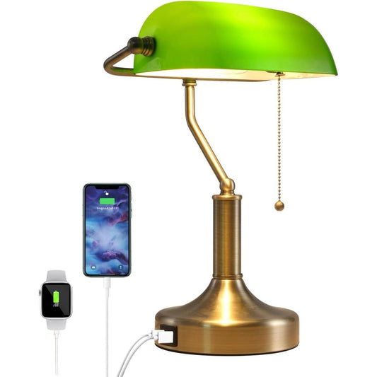 Traditional Bankers Desk Lamp Table Light with Green Glass Shade and USB Ports-0
