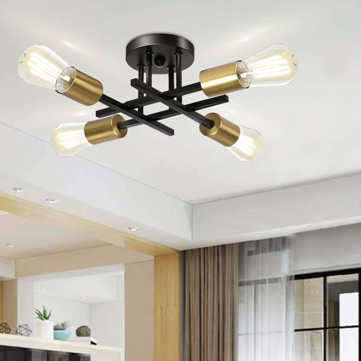 Gold/Black 4-Light Modern Flush Mount Sputnik Ceiling Light Fixture-0