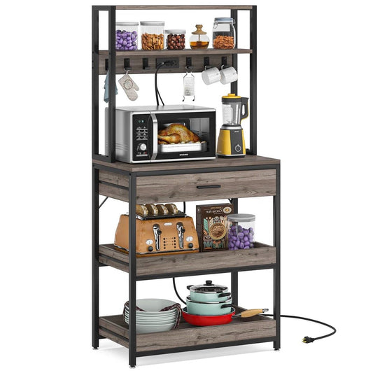 Grey Modern Baker's Rack Kitchen Shelving Unit with Pull-Out Shelves and Drawer-0