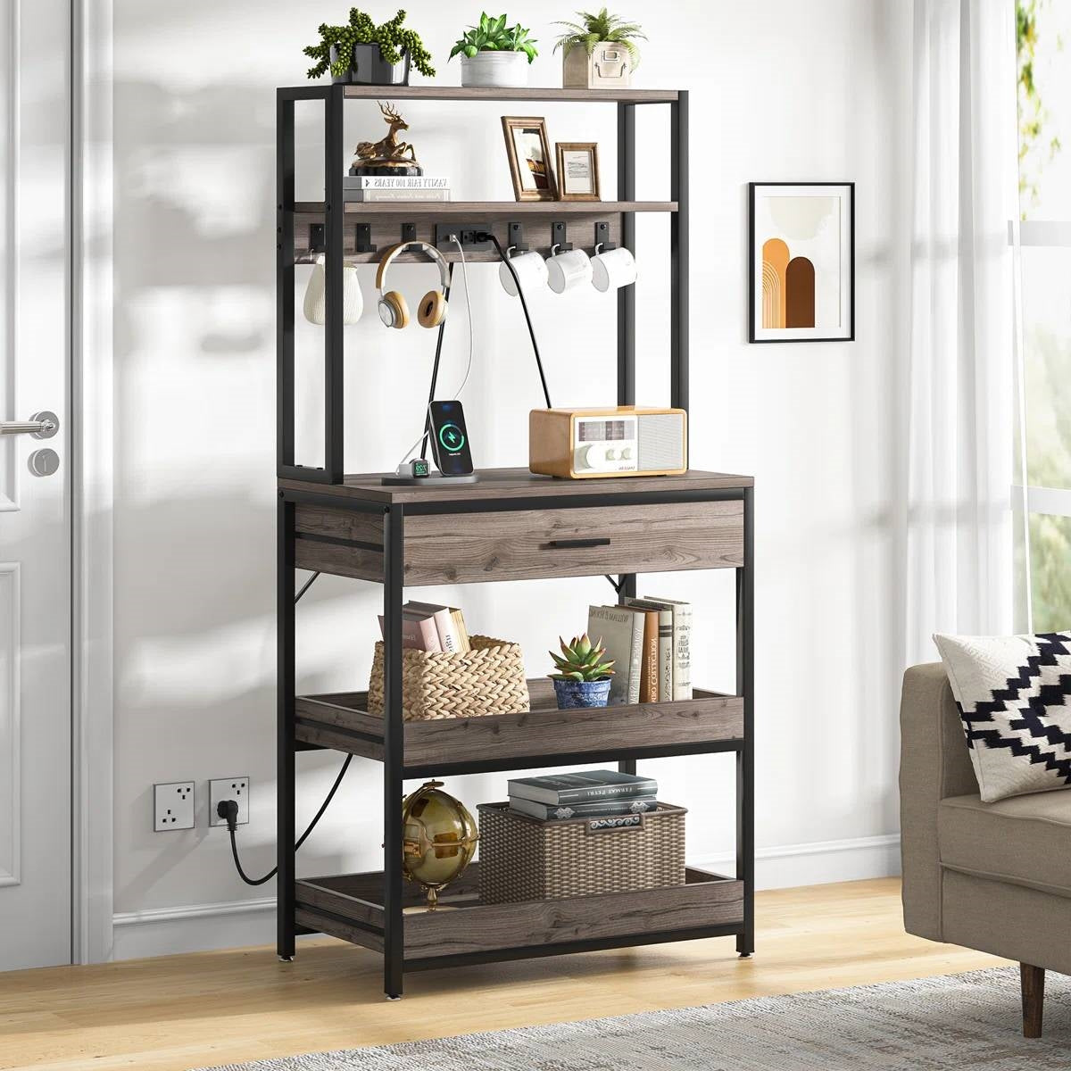 Grey Modern Baker's Rack Kitchen Shelving Unit with Pull-Out Shelves and Drawer-2