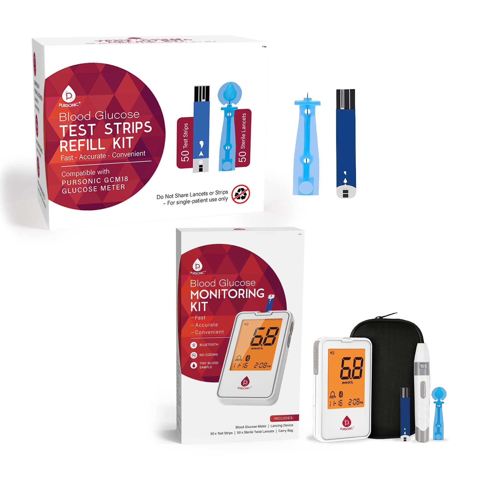 Pursonic Blood Glucose Monitoring Bundle – Glucose Meter with Bluetooth + 50 Test Strips + 50 Sterile Lancets-0