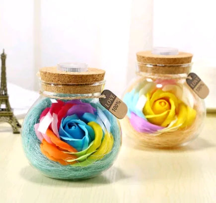 Lucky Star Glass Bottle Soap Flower Night Light with Optional Remote