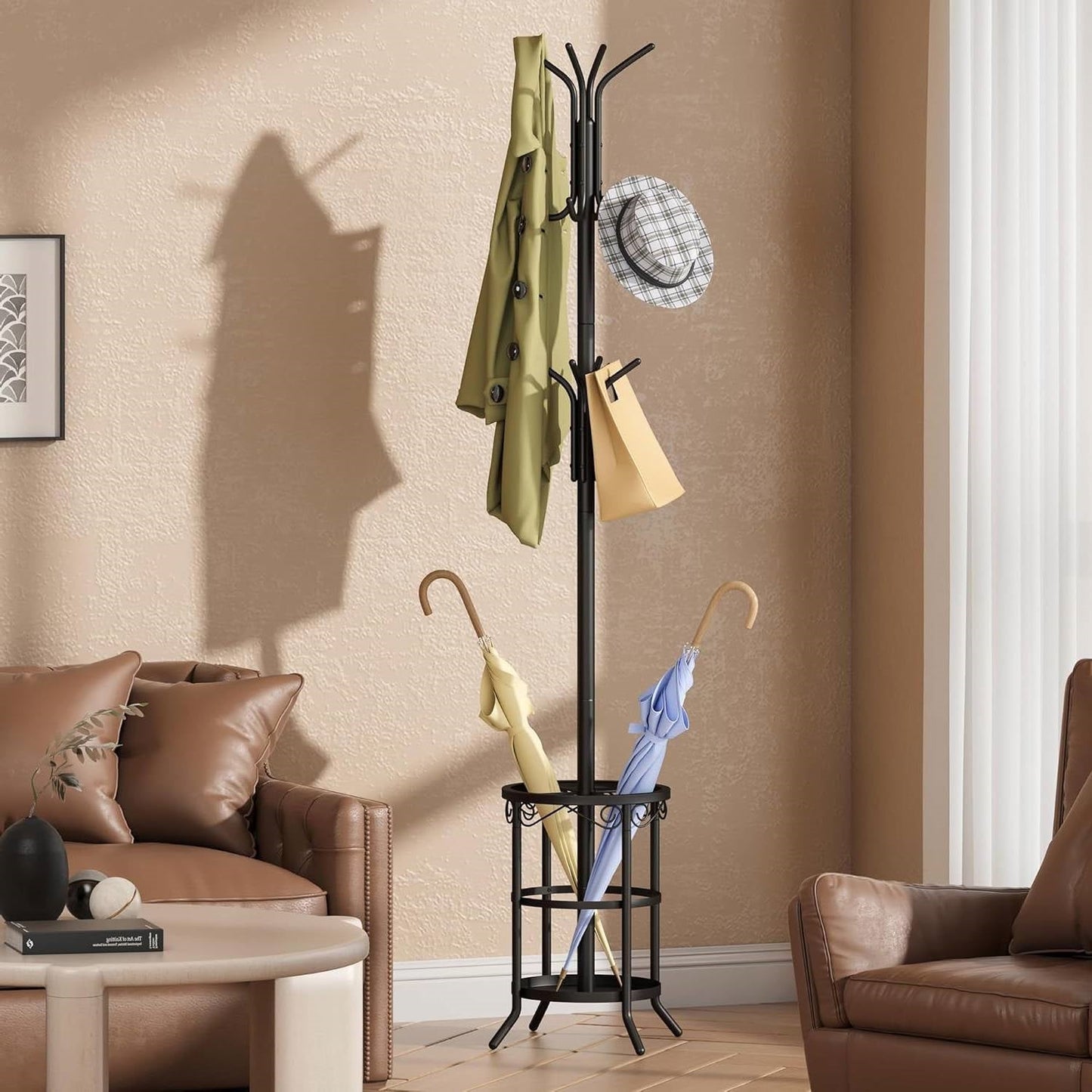 Black Metal Entryway Coat Rack Hall Tree with Umbrella Stand-0