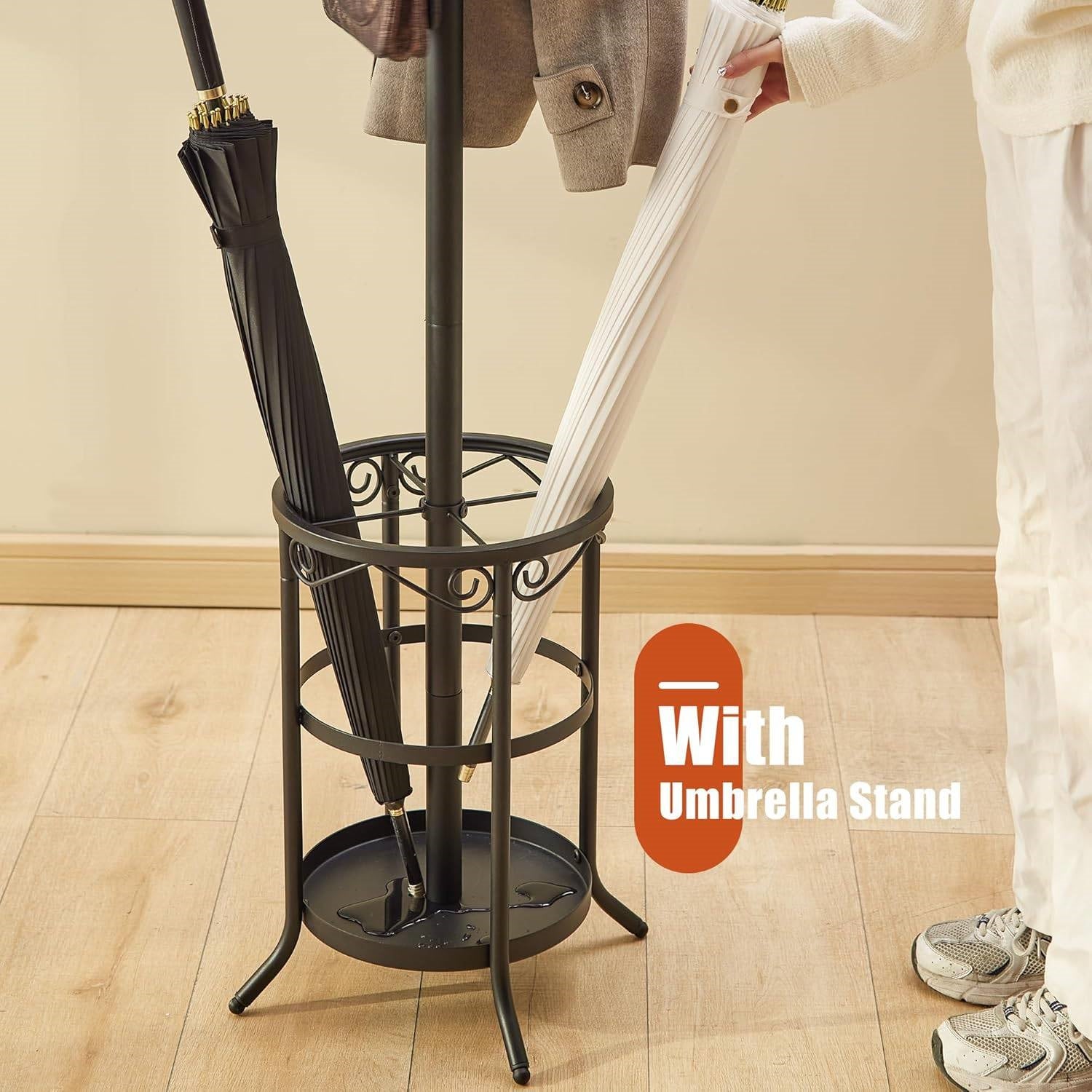 Black Metal Entryway Coat Rack Hall Tree with Umbrella Stand-2