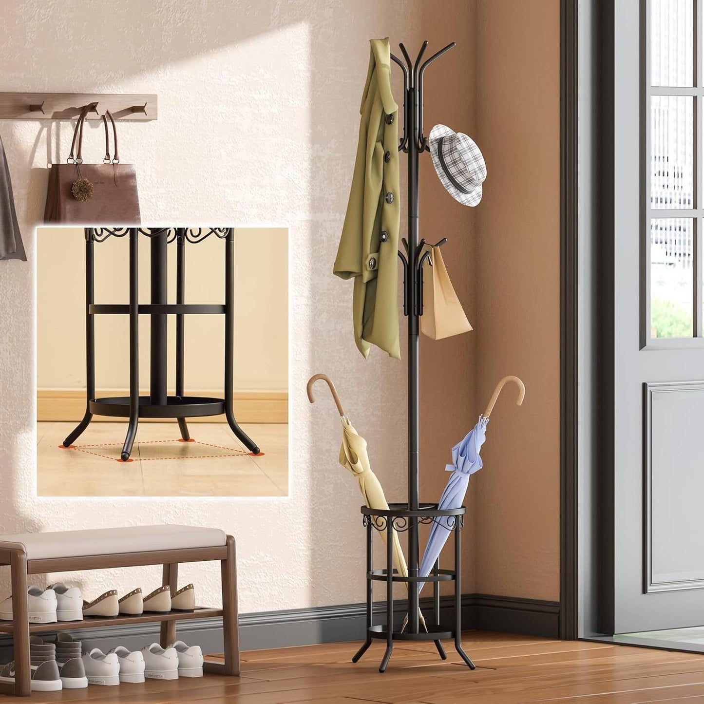 Black Metal Entryway Coat Rack Hall Tree with Umbrella Stand-3