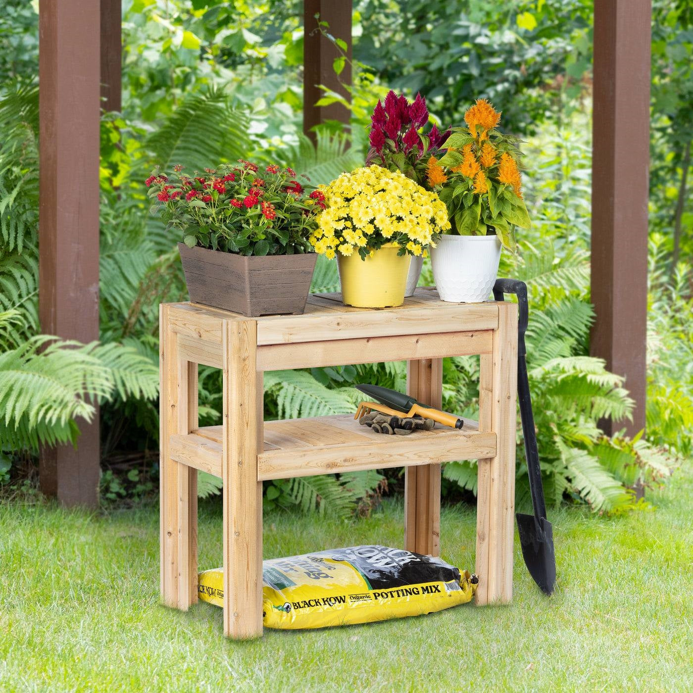 2 Tier Adjustable Cedar Wood Garden Storage Shelves - Made In USA-4