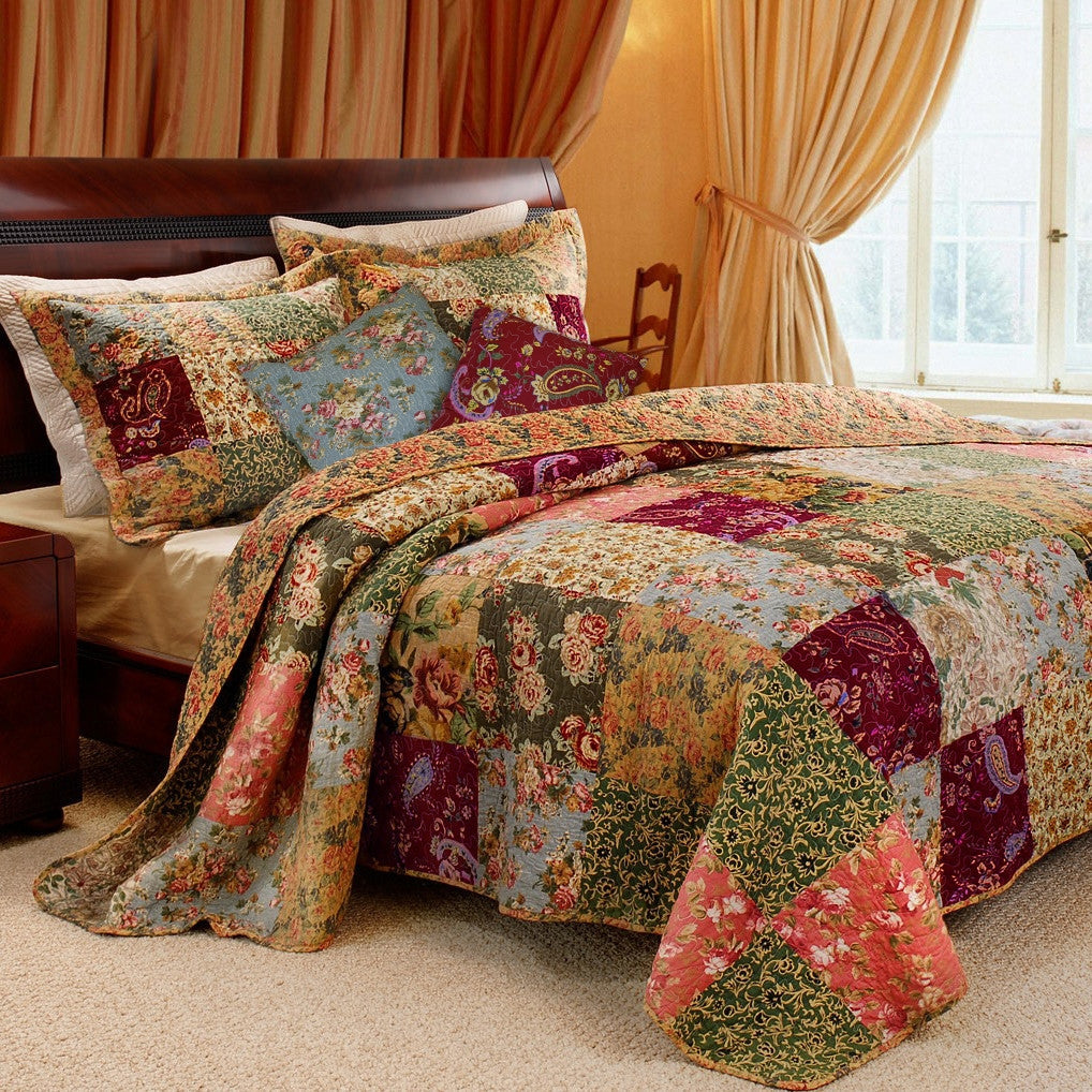 Full / Queen size 100% Cotton Patchwork Quilt Set with Floral Paisley Pattern-0