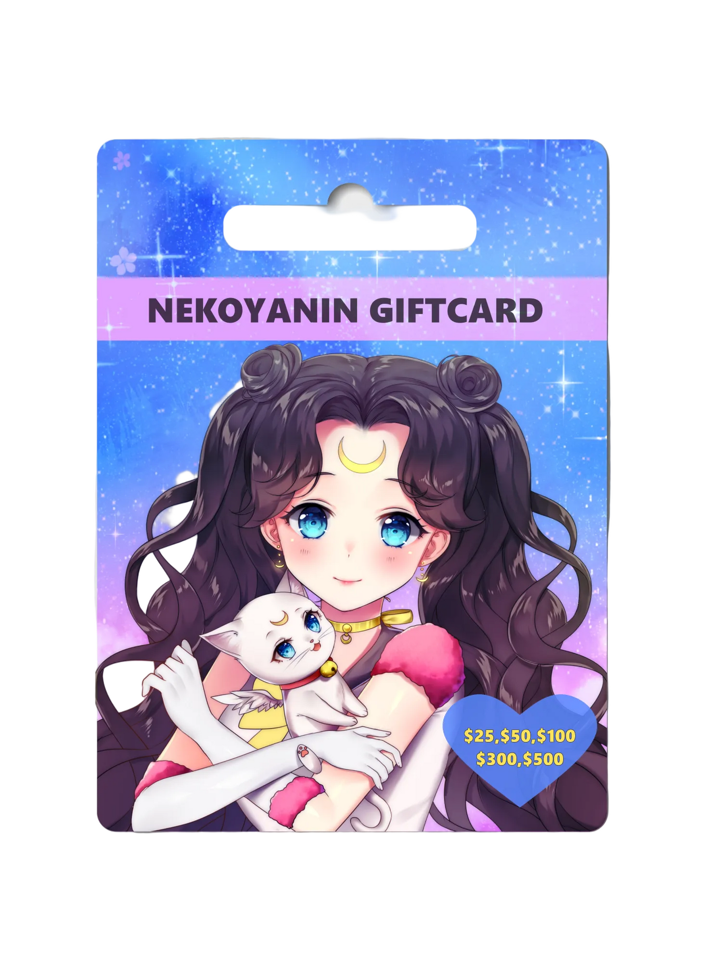 Nekoyanin gift card with an illustration of a character holding a cat on a blue and purple background