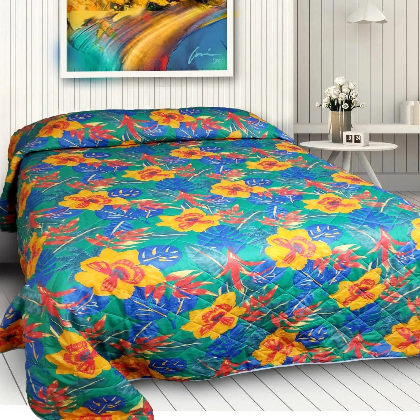 Quilted Tropical Print Bedspread-0