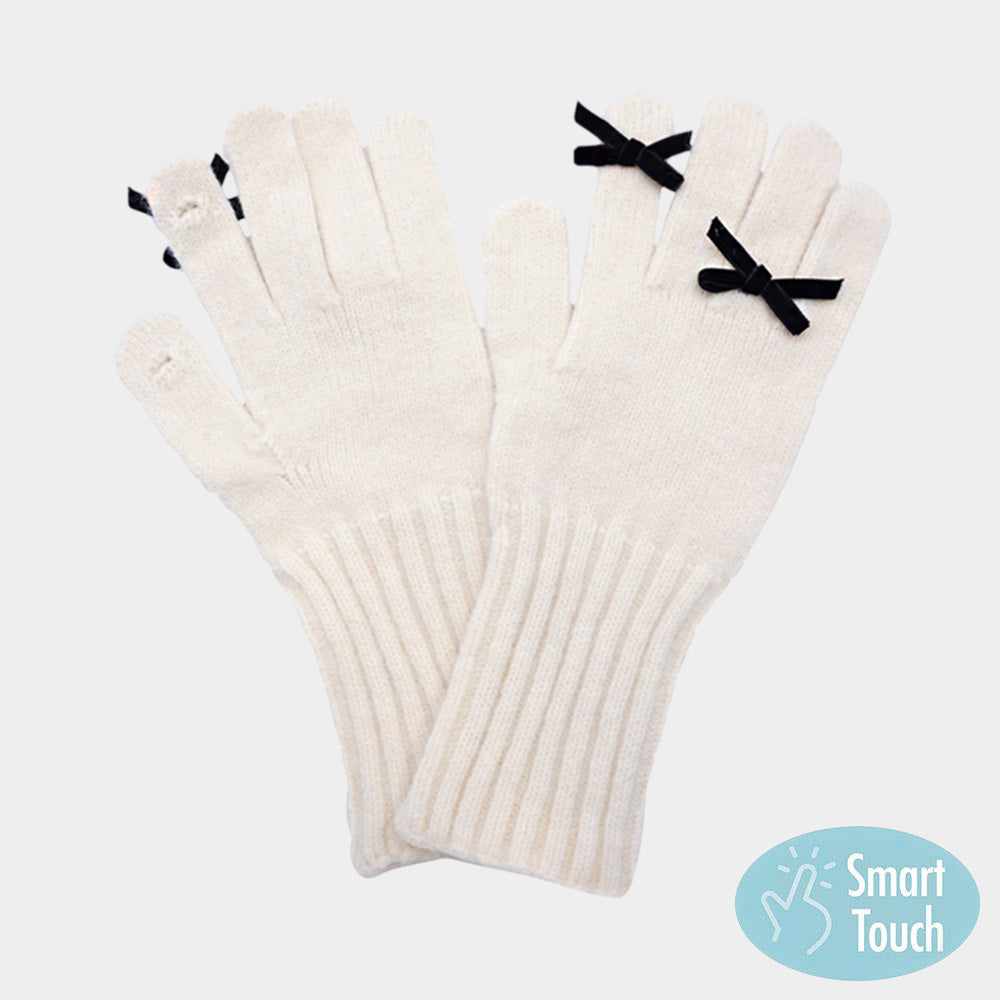 Bow Accent Ribbed Knit Smart Touch Gloves