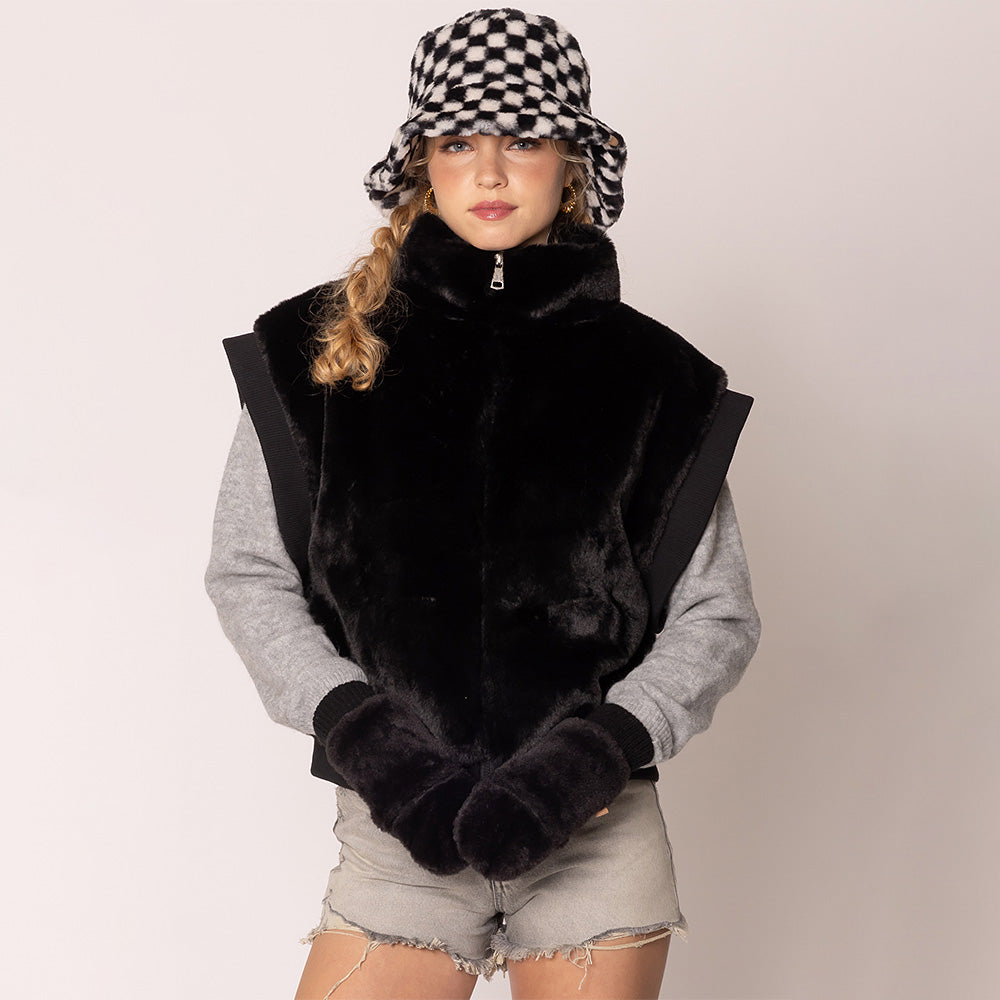 Solid Faux Fur Open Up Mitten Gloves