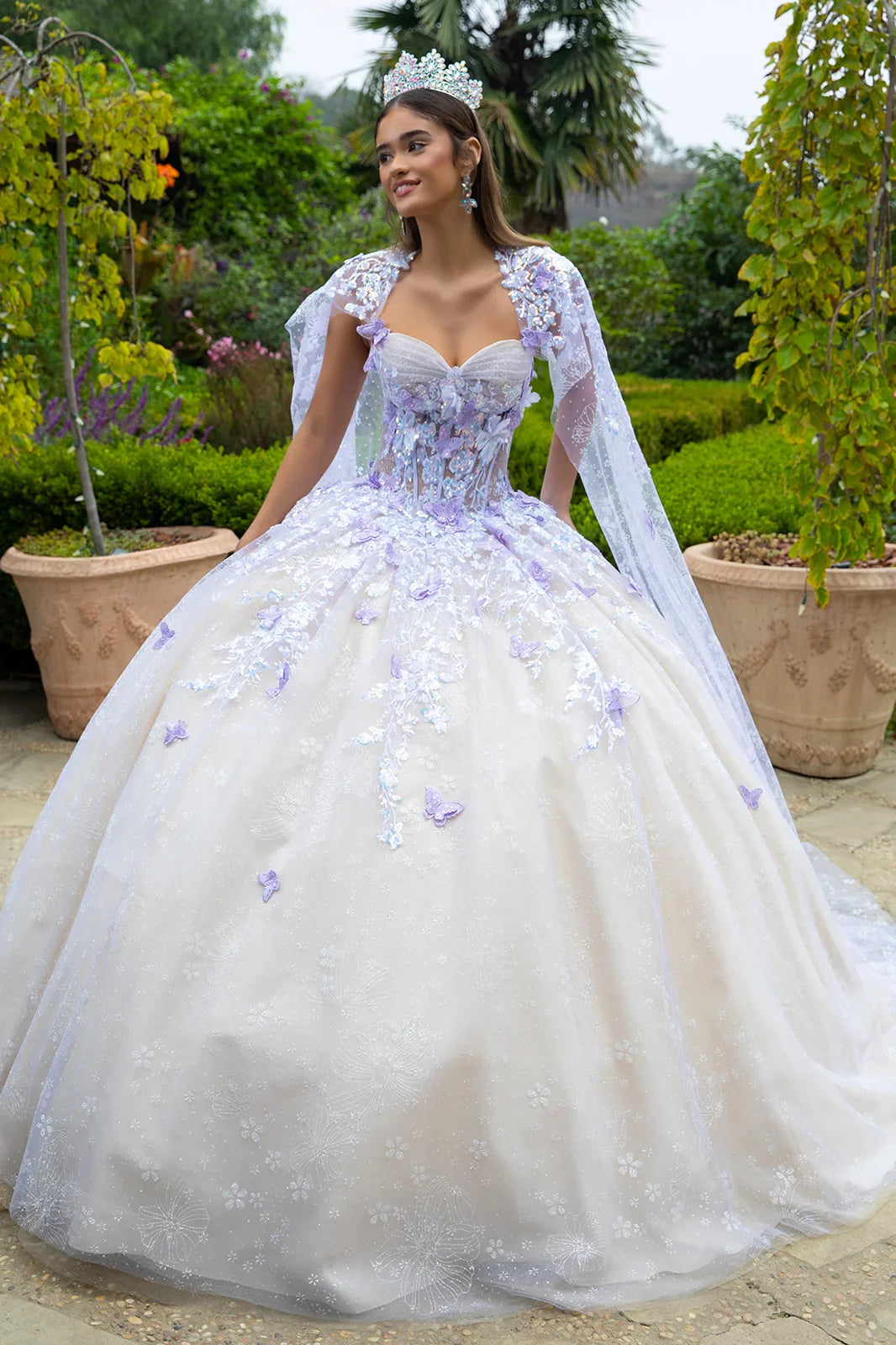 Floral Glitter Pattern 3-D Butterfly Applique Mesh Quinceanera Dress w/ Detachable Mesh Cape-0