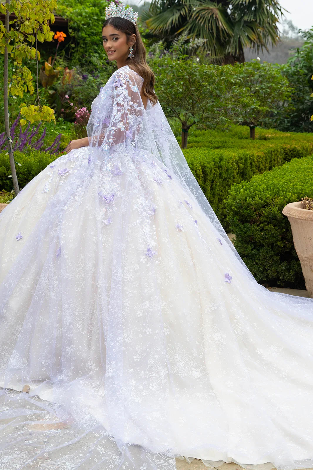 Floral Glitter Pattern 3-D Butterfly Applique Mesh Quinceanera Dress w/ Detachable Mesh Cape-1