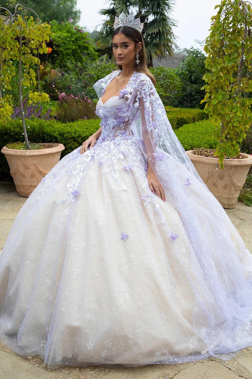 Floral Glitter Pattern 3-D Butterfly Applique Mesh Quinceanera Dress w/ Detachable Mesh Cape-2