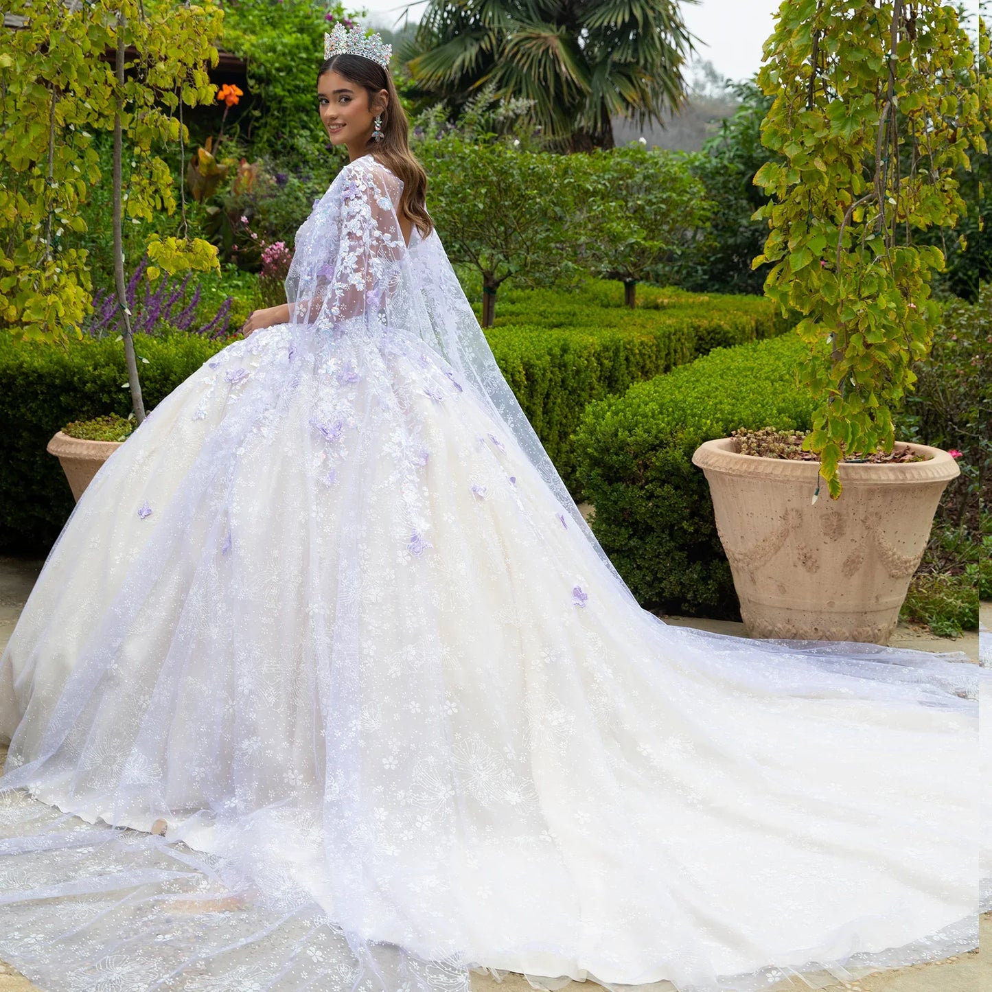 Floral Glitter Pattern 3-D Butterfly Applique Mesh Quinceanera Dress w/ Detachable Mesh Cape-3