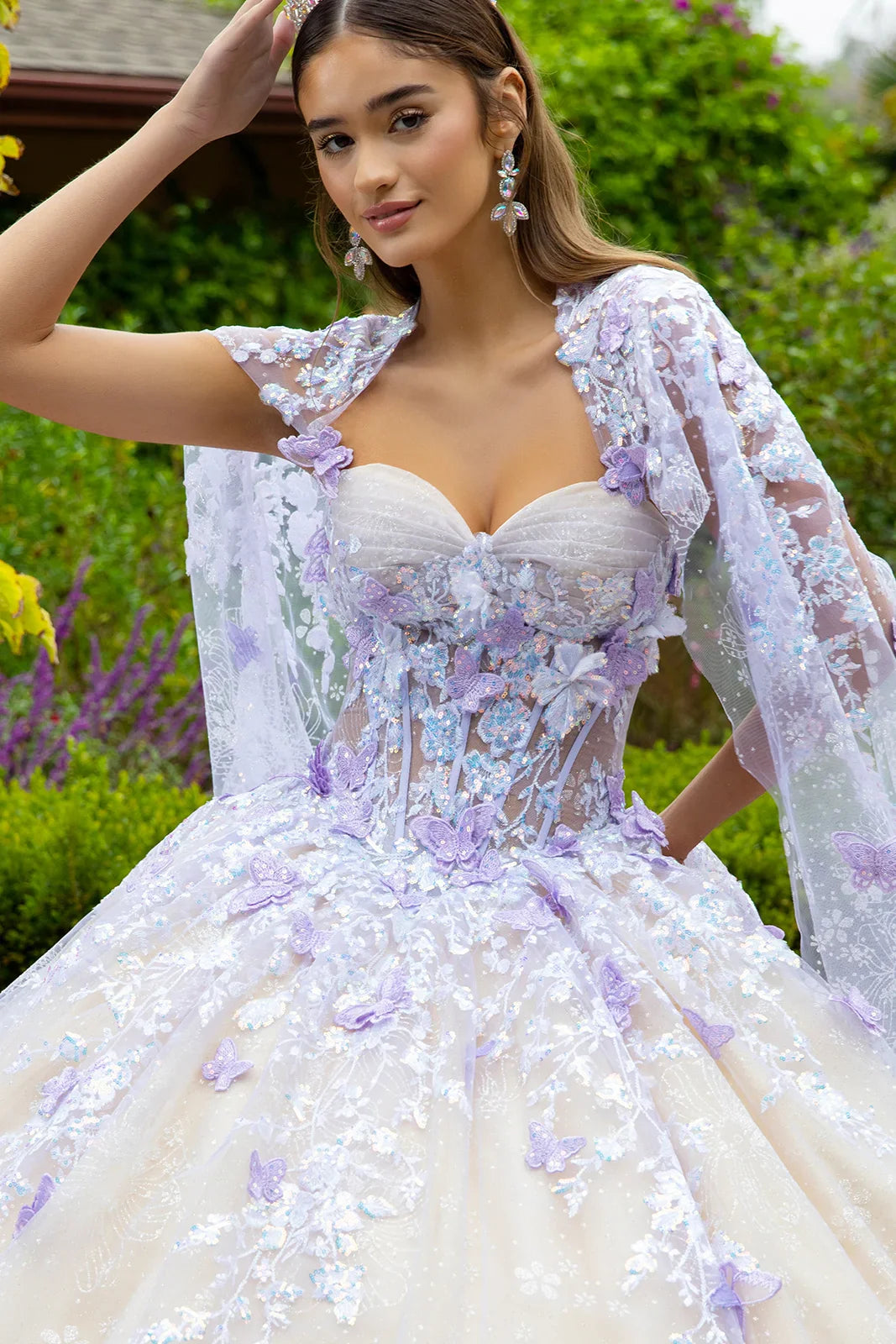Floral Glitter Pattern 3-D Butterfly Applique Mesh Quinceanera Dress w/ Detachable Mesh Cape-4