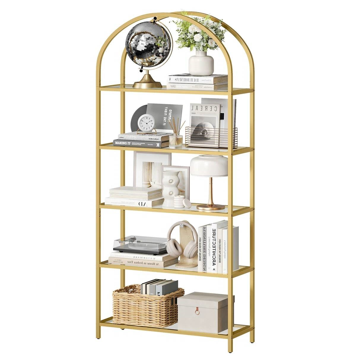Modern Gold Metal Arched Top Display Rack Bookcase with 5 Glass Storage Shelves-0