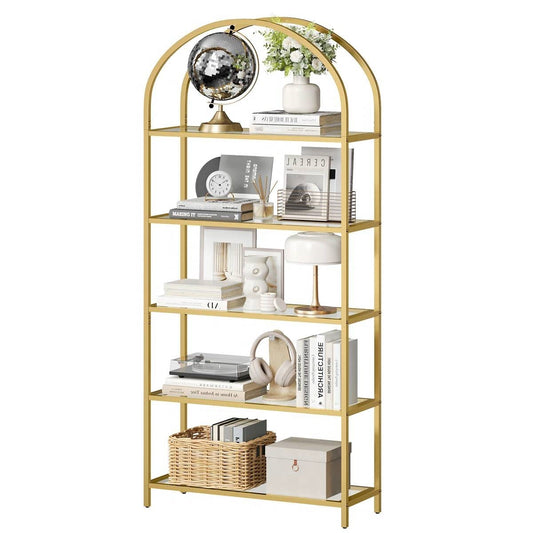 Modern Gold Metal Arched Top Display Rack Bookcase with 5 Glass Storage Shelves-0