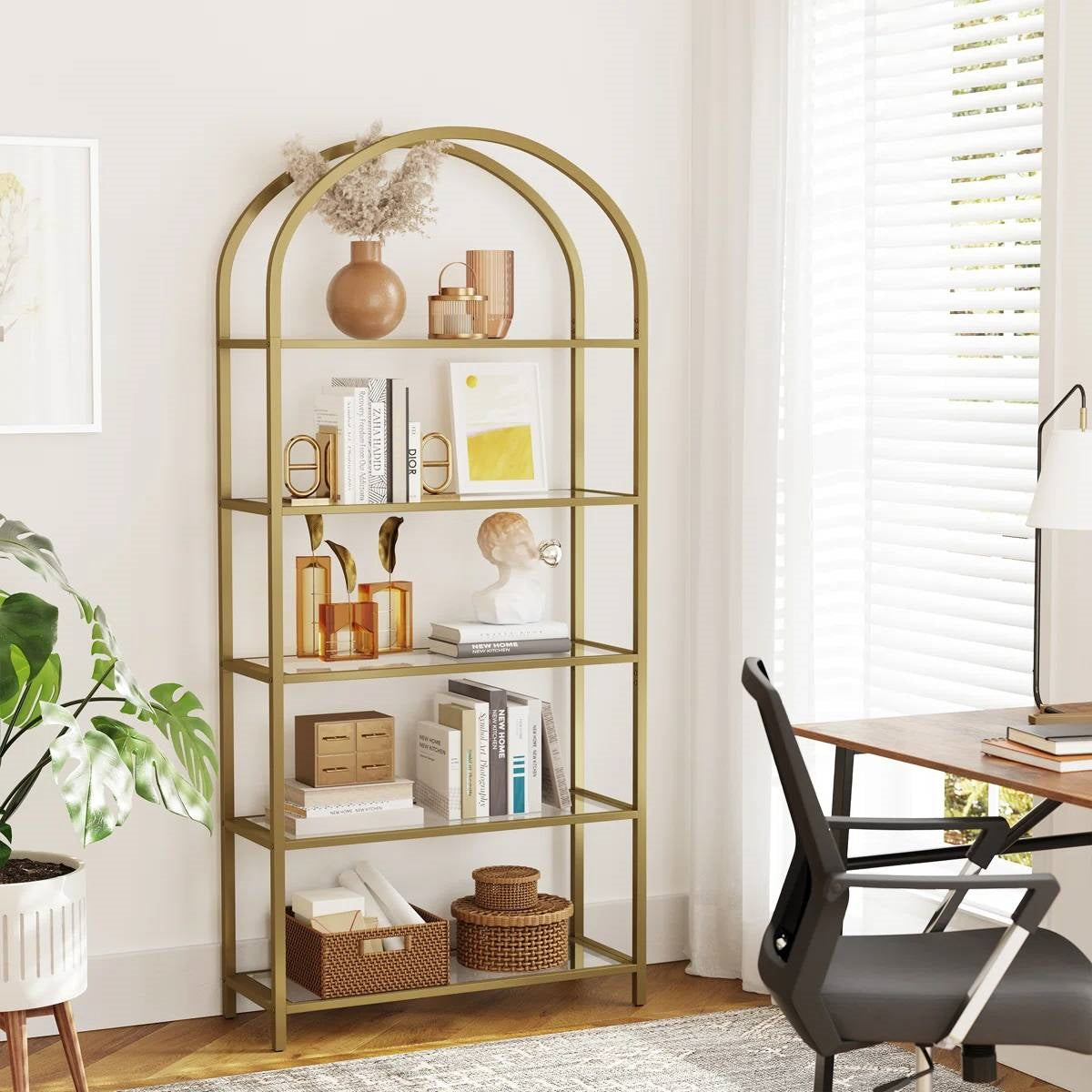 Modern Gold Metal Arched Top Display Rack Bookcase with 5 Glass Storage Shelves-1