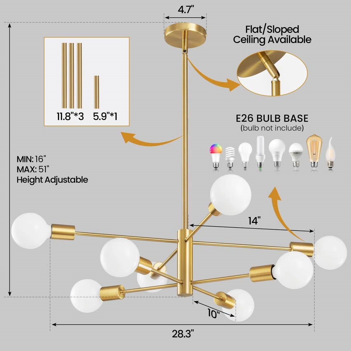 Mid-Century Modern Dimmable 8-Light Sputnik Chandelier in Gold-4