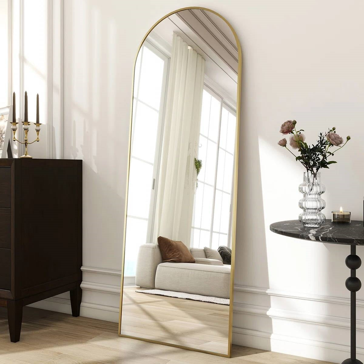 Gold 58-inch Full Length Arched Floor Mirror with Stand and Wall Hanging Screws-0