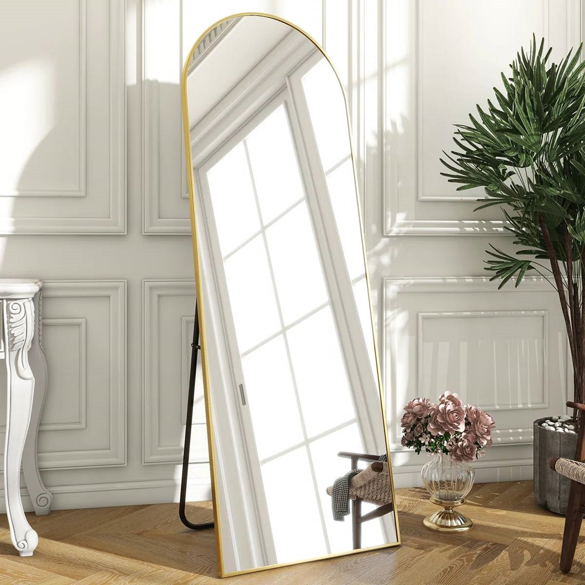 Gold 58-inch Full Length Arched Floor Mirror with Stand and Wall Hanging Screws-1