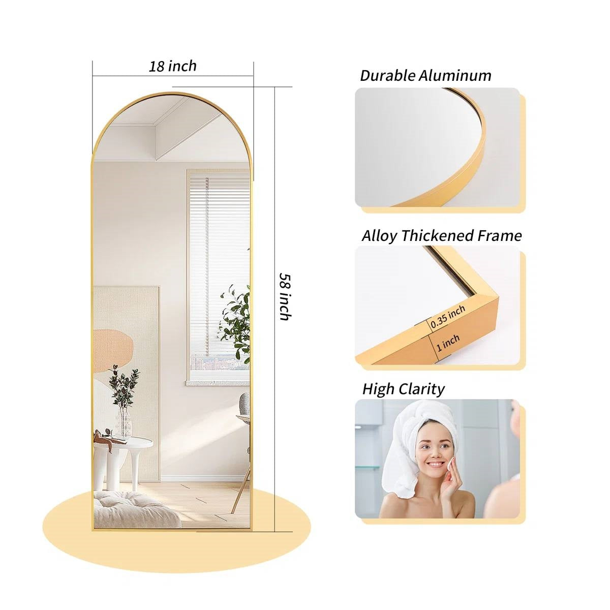 Gold 58-inch Full Length Arched Floor Mirror with Stand and Wall Hanging Screws-2